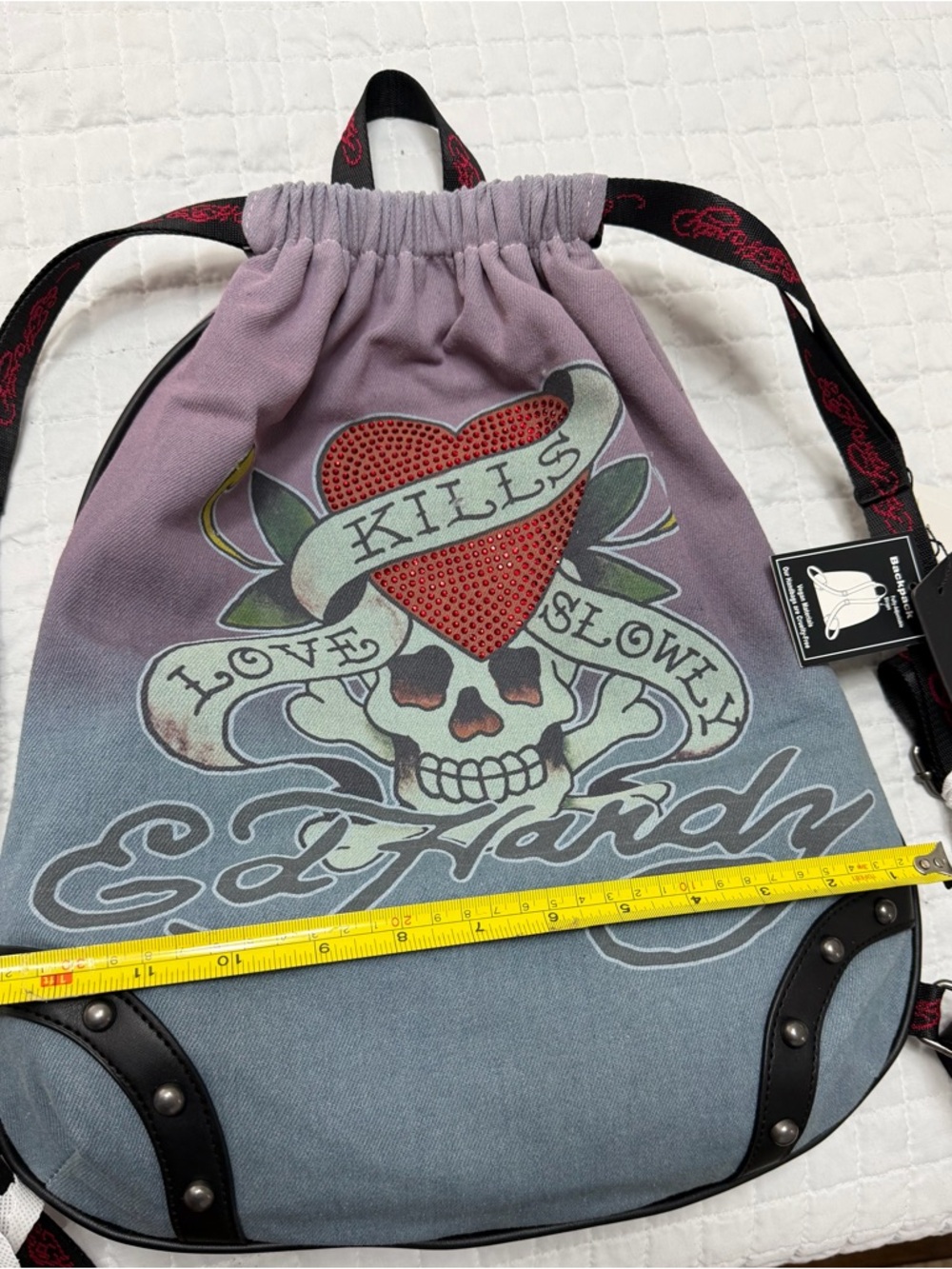 Ed Hardy Skull Heart Rhinestone Drawstring Backpack NWT - Picture 8 of 8